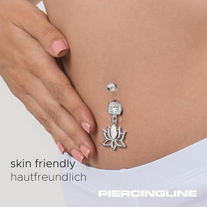 PIERCINGLINE Surgical steel belly button piercing dangle LOTUS BLOSSOM WITH SYNTHETIC OPAL 14 G belly button ring surgical steel belly piercing new version with improved durability - color: Black