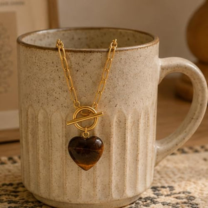 Teardrop CZ Pendant Paperclip Chain Necklace 18K Plated Paperclip Toggle Necklace Jewelry Birthstone Gift for Women - color: Tiger eye