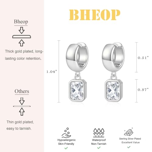 Gold Chunky Dangle Earrings for Women, Bezel Set Cubic Zirconia Charm | 14K Gold Silver Plated, Statement Huggie Hoops Drop Earrings, Trendy Jewelry Gifts, High Grade CZ, Hypoallergenic Lightweight - color: SL-Rectangular CZ Hoop