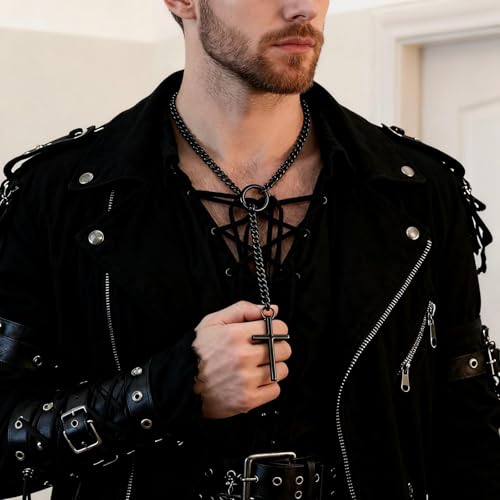Slip Chain Choker for Women Handmade Black Stainless Steel Cuban Chain Chunky Moon Bat Raven Skull Pendant Gothic Punk Rock Collar Adjustable Lariat Y Necklace for Men - style: gothic Goth