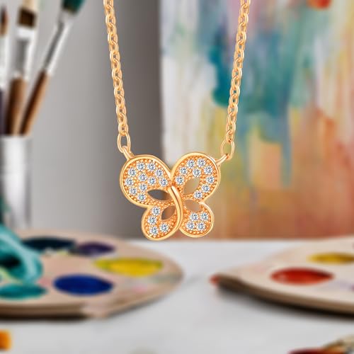 Gold Plated Pendant Necklaces for Women Cubic Zirconia Accent 18 Inch Adjustable Chain Hypoallergenic Gift for Wife Mom Birthday Valentines Day - style: Gold butterfly