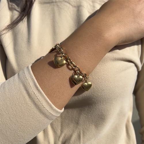 Stainless Steel Heart Charms Bracelet for Women | Chain Tassel, Love Charms, Chunky Link, Romantic Gift - color: Gold