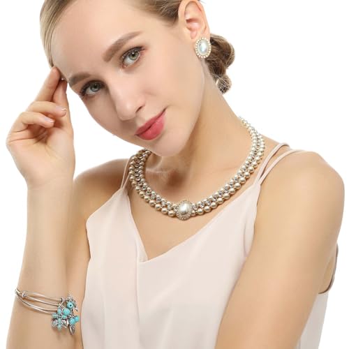 S SUSANN Costume Layered Twisted Gold Pearl Necklace Choker Chunky Glass Statement Pearl Necklace and Earring set, good gift for women Faux pearl necklace set - style: AB shell charm pearl necklace