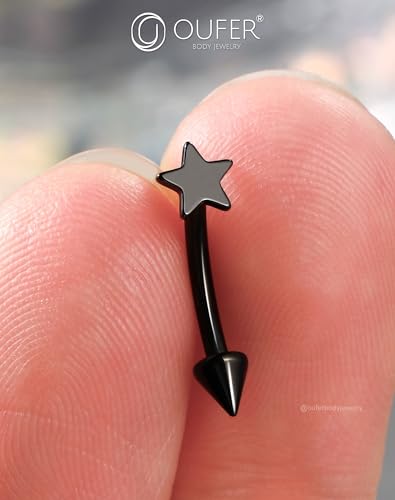 OUFER Rook Piercing Jewelry, G23 Solid Titanium Eyebrow Rings, Heart Vertical Labret Lip Jewelry, 16G Curved Barbells, Daith Rook Earrings for Women Men - color: Black Star, size: 16G 8mm