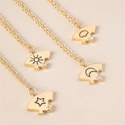 3pcs Friendship Moon Sun Star Puzzle Matching Necklace Set Gold Silver Plated Cute Crescent Round Circle Geometric Best Friend BFF Pendant Necklace for 3 Women Sisters Daughter Birthday Jewelry Gifts - color: 4pcs gold necklace