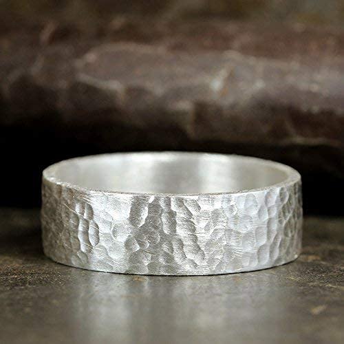 925 Sterling Silver Wedding Ring Hammered Flat Pipe Cut Textured Thick & Durable Handmade Unisex Mens & Women Rustic Engagement Promise Band - US Size 4-13 - Custom Engraving - color: 01 - 7mm Silver