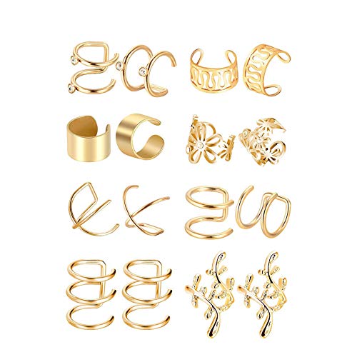 16pcs Stainless Steel Ear Cuff Earrings for Men Women Non Piercing Clip On Cartilage Earcuff Wrap Hypoallergenic Earrings Set - color: gold