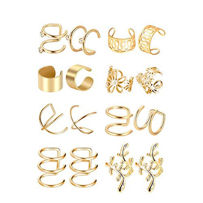 16pcs Stainless Steel Ear Cuff Earrings for Men Women Non Piercing Clip On Cartilage Earcuff Wrap Hypoallergenic Earrings Set - color: gold