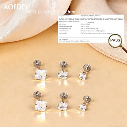 AOEDEJ 20/18/16G Titanium Internally Threaded Flat Back Stud Earrings 3/4/5mm Stars Square CZ Nose Lip Medusa Monroe Labret Piercing Jewelry for Cartilage Conch Tragus Helix Ear Studs - style: 16G-Squares
