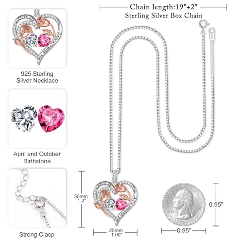 Iefil Birthstone Necklace for Women - Rose Heart Necklace | 925 Sterling Silver, Gift Box Packaging, Anniversary Birthday Gifts for Wife Mom Daughter - color: 04-10-Apr-Oct Birthstone