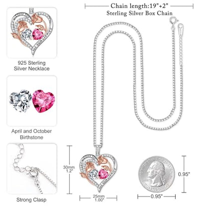 Iefil Birthstone Necklace for Women - Rose Heart Necklace | 925 Sterling Silver, Gift Box Packaging, Anniversary Birthday Gifts for Wife Mom Daughter - color: 04-10-Apr-Oct Birthstone