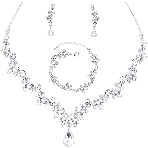 3Pcs Austrian Crystal Jewelry Set for Women, Necklace Dangle Earrings Link Bracelet Jewelry Set with Gold/Platinum/Gun Plated, Wedding Party Jewelry for Bridal Bridesmaid - color: White-Platinum Plated