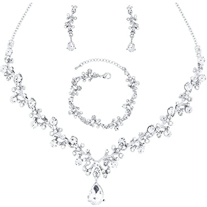 3Pcs Austrian Crystal Jewelry Set for Women, Necklace Dangle Earrings Link Bracelet Jewelry Set with Gold/Platinum/Gun Plated, Wedding Party Jewelry for Bridal Bridesmaid - color: White-Platinum Plated
