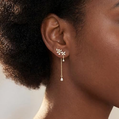 SLUYNZ 925 Sterling Silver Dainty CZ Flowers Wrap Earrings Dangle Chain for Women Elegant Dangling Earrings Bridal Earrings Wedding Engagement Drop Earrings Prom Engagement Party Jewelry - color: C-18K Gold Plated