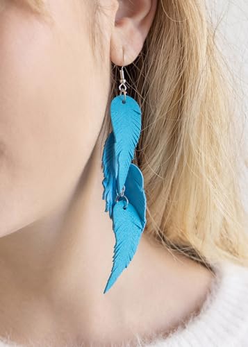 Leather Feather Earrings, Suede layered earrings, boho wedding jewelry, summer earrings, gift for her, dangle earrings - color: turquoise blue