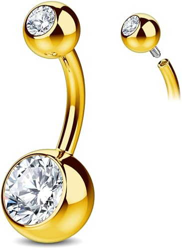 Internally Threaded Belly Button Ring G23 Titanium with Grade AAAAA Cubic Zirconia - 14g Implant Grade Titanium Belly Ring Piercing Jewelry Internal Thread - Bellybutton Rings Navel Jewelry For Women - color: Gold - 8mm