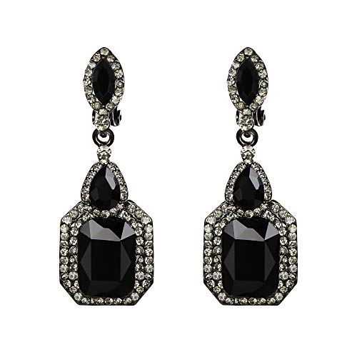 Women's Wedding Bridal Crystal Emerald Cut Infinity Figure 8 Chandelier Clip-On Dangle Earrings - color: New Black Black-Tone