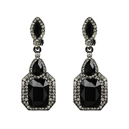 Women's Wedding Bridal Crystal Emerald Cut Infinity Figure 8 Chandelier Clip-On Dangle Earrings - color: New Black Black-Tone