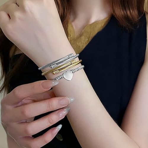 Fashion Shiny Thin Round Stainless Steel Bangle Bracelets for Women (1/3/5/8 Set) - style: Silver-3 Set-Wire Heart cuff bracelet