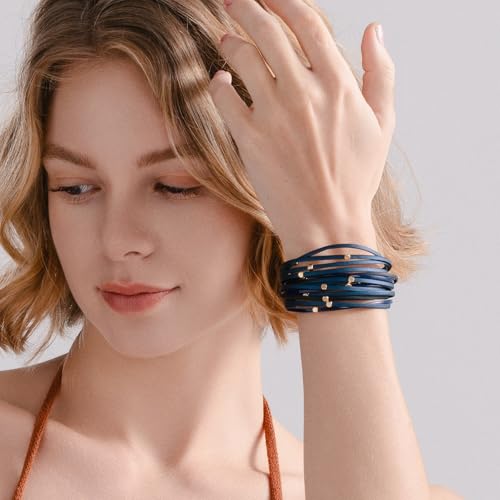 Stackable Beaded Leather Wrap Bracelet Boho Western Country Beach Jewelry | Layered Bead Stack Multi Strand Magnetic Clasp Cuff Bangle Bohemian Hippie Cowgirl Fashion Summer Vacation Outfits for Women - color: Blue