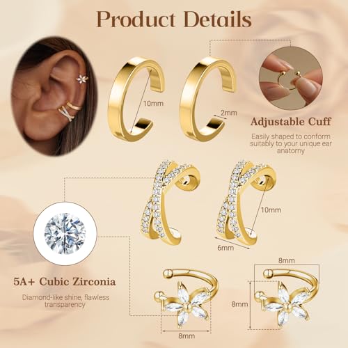 Ear Cuff Earrings for Women Non Piercing Helix Cartilage Clip on Ear Cuffs 14K Gold Plated & Sterling Silver Stainless Steel Hypoallergenic Huggie Hoop Fake Earring Set Jewelry Gift - color: A2-Floral Cuff Set Gold