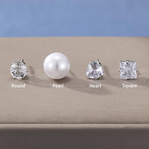 KISS WIFE CZ Stud Earrings Set for Women, Cubic Zirconia Stud Earrings in Multiple Sizes, Triangle Oval Heart Round Pearl Square Earrings, Hypoallergenic Silver Stud Earrings for Cartilage Piercing Jewelry - style: Heart+Round+Square+Pearl