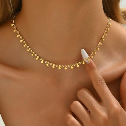 Gold Chain Necklace for Women 18K Gold Plated Dainty Star Cross Heart Cuabn Choker Chains Stainless Steel Trendy Jewelry Christmas Gifts - color: Tiny Square