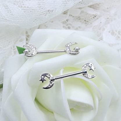 2PCS 14G Nipple Bars 316L Stainless Steel Nipple Barbell Ring Clear CZ Heart Nipple Rings Nipple Piercings Jewelry for Women - color: silver mix