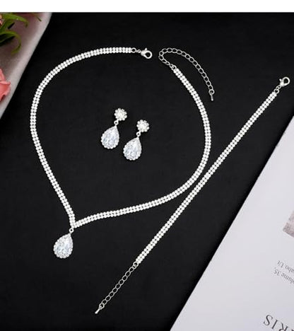 Elegant Silver Crystal Wedding Necklace Earrings Bracelet Jewelry Set for Women Brides Bridesmaids Prom Party Costume Accessory Bridal Jewelry - color: silver-white