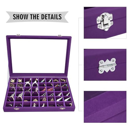 Siveit Velvet Jewelry Tray 48 Grid Jewelry Display Tray Organizer Box with Transparent Lid Rings Earrings Necklaces Pendants Display Box Suitable for Women and Girls (Purple) - color: Purple