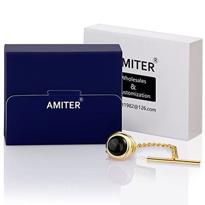 AMITER Crystal/Pearl Tie Tack with Chain, Gold Mens Tie Pin Necktie Pins Lapel Pin for Wedding Birthday Anniversary Party - color: 24k Gold+Black Imitation Pearl