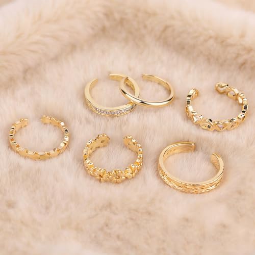 Mikovivi 6pcs Gold-Colored Toe Rings for Women, Adjustable Flower Star Heart CZ Dainty Toe Rings Summer Beach Open Foot Jewelry