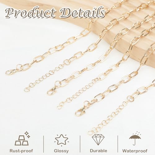 20 Pcs 18K Gold Plated Necklace Bracelet Chain Kit, Paperclip Alloy Link Fit Clip on Charm, Charm Bracelet Necklace Kit for Women DIY Jewelry Making (Gold) - color: Gold