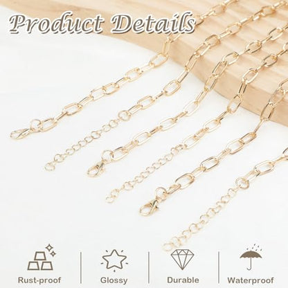 20 Pcs 18K Gold Plated Necklace Bracelet Chain Kit, Paperclip Alloy Link Fit Clip on Charm, Charm Bracelet Necklace Kit for Women DIY Jewelry Making (Gold) - color: Gold