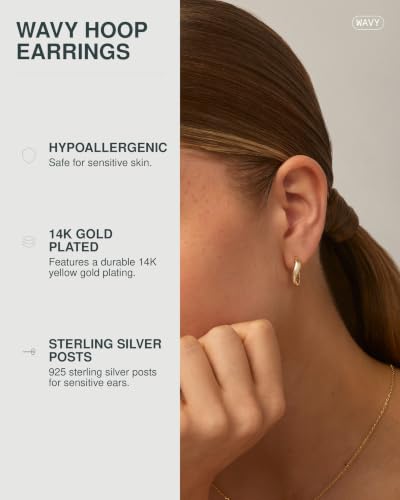 PAVOI 14K Gold Plated 925 Sterling Silver Posts Wavy Huggie Hoops | Twisted Wave Hoop Earrings for Women - color: Yellow Gold