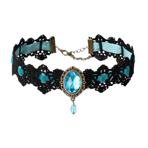 Gothic Lace Choker Necklace for Women Vintage Velvet Gemstone Clavicle Chain Punk Style Hollowed Out Lace Necklaces Halloween Vampire Party Jewelry - color: Light Blue