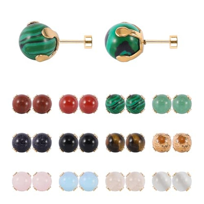 12 Pairs Multi Natural Gemstone Round Bead Ball Stud Earrings Stainless Steel Opal Tiger Eye Rose Quartz Onyx Stone Stud Earrings Set for Women - color: Gold flatback 10mm