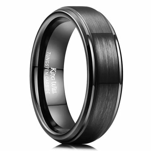 King Will Classic Tungsten Wedding Band for Men, 6/7/8/9/10mm Widths, Polished Finish Step Edge Matte Rings Comfort Fit - color: B-Black 6mm