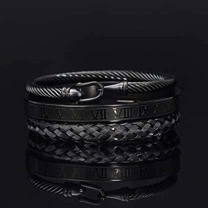 WFYOU 3PCS Stainless Steel Imperial Crown Bracelets for Men Gold Roman Numeral Bangle Bracelet Adjustable Cuff Bracelet Mens Luxury Jewelry Gifts - style: 07:Black-Hook