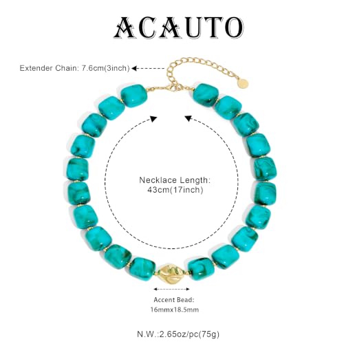 Chunky Beaded Necklace for Women,Square Resin beads boho Choker Necklace with gold-tone spacers,Fashion Trendy Summer Beach Party Necklaces Handmade Surfer Beach Necklaces Jewelry Gifts - color: Turquoise