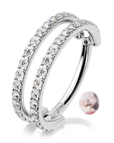 Nose Ring Hoop, 316L Stainless Steel Double Nose Rings, 20G Nose Piercing Jewelry for Women, Clear CZ Helix Cartilage Septum Nose Hoops - color: Silver-8mm