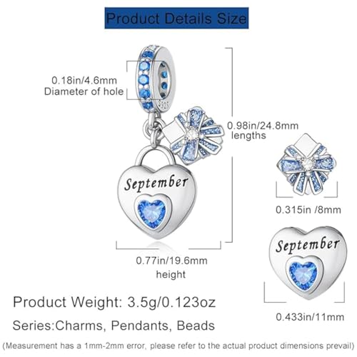 Love Heart Birthstone Dangle Charms Compatible with Pandora Bracelets | 925 Sterling Silver 5A Cubic Zirconia Mother's Day Christmas Birthday Birthstone Gifts Bead Charm Pendants Women Jewelry - color: September Dangle Birthstone Charms