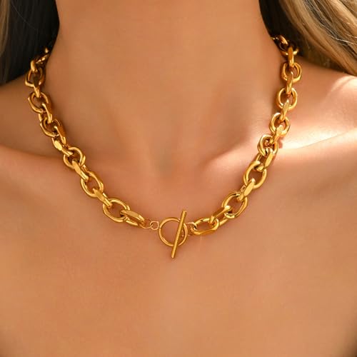 Chunky Gold Necklace for Women, 18K Gold Plated Paperclip, Figaro Link Chain Necklace, Toggle Clasp Necklaces, Trendy Non Tarnish Jewelry, Christmas Gifts - style: 10mm Cable Toggle 16.5''-Gold
