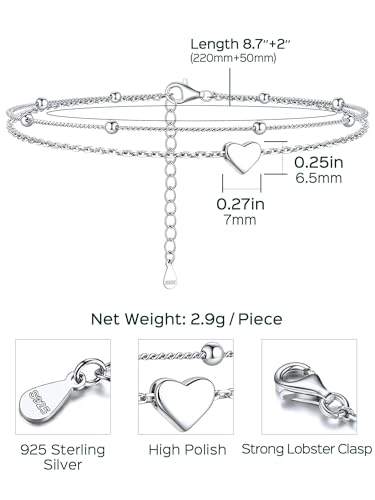 ChicSilver Sterling Silver Anklets for Women 925 Ankle Bracelets for Women Layered Heart Anklet With Beaded Anklets for Women - style: 27. Blank Heart
