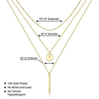 Initial Layered Necklaces for Women, 14K-Gold-Plated Coin Letter Necklace Bar Stacking Layer Necklace Multi Bar Layering Y-Necklaces Jewelry for Women - color: 14K-Gold-Plated, style: T