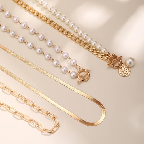 Chunky Gold Layered Big Pearl Necklaces Set Bulk for Women Trendy | Luxury Stack Half Chain Half Pearl Beads Statement Necklace OT Buckle Paperclip Choker Vintage Coin Pendant Necklaces Jewelry