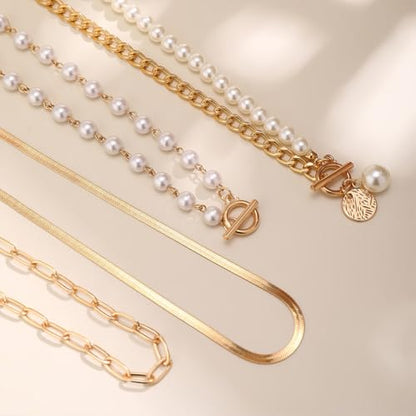 Chunky Gold Layered Big Pearl Necklaces Set Bulk for Women Trendy | Luxury Stack Half Chain Half Pearl Beads Statement Necklace OT Buckle Paperclip Choker Vintage Coin Pendant Necklaces Jewelry