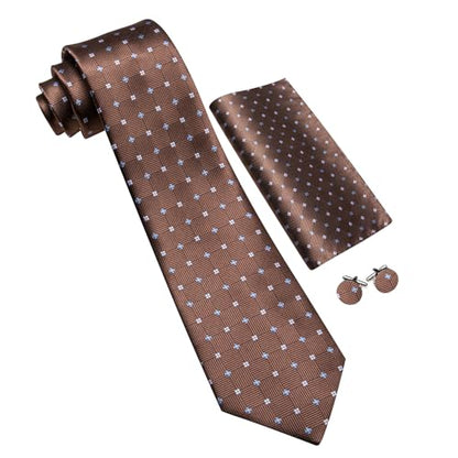 YOHOWA Men Plaid/Striped Ties Clip Set Silk Necktie Pocket Square Cufflinks | Woven Classic,Formal/Casual Mens Tie,Pocket Square Cufflinks Set,Luxury,Business,Wedding,Party,Prom,Graduation - color: Brown