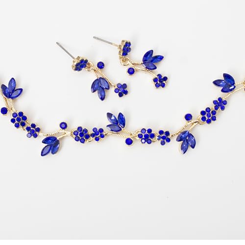 Brides Bridesmaid Flower Leaf Choker Necklace Dangle Earrings Link Bracelet Austrian Crystal Wedding Jewelry Set for Prom Costume Party Accessories for Woman - color: Blue-Gold Plated