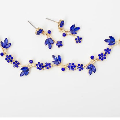 Brides Bridesmaid Flower Leaf Choker Necklace Dangle Earrings Link Bracelet Austrian Crystal Wedding Jewelry Set for Prom Costume Party Accessories for Woman - color: Blue-Gold Plated